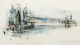 Modernist Harbor Scene by Albert Christ-Janer, 1956, watercolor and mixed media on paper, offered Mar 2021