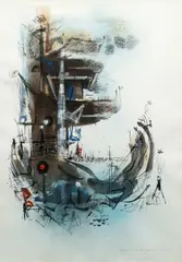 Modernist Sailboat in the Marina, 1955-7 by Albert Christ-Janer, watercolor and mixed media on paper, offered Mar 2021