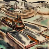 Rachel Sutton, Tug Boat Pushing Coal Barges, watercolor on paper