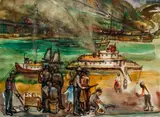 Rachel Sutton, Riverbank with Vendors and Passengers Boarding, watercolor on paper
