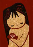 Young Girl with Fan, circa 1950's, color woodblock, 6.25 x 4.75 inches by Karou Kawano, pencil, offered Feb 2021