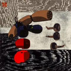 Hashimoto Okiie, Still Life, 1956, color woodblock print, 15.75 x 15.75 inches, pencil