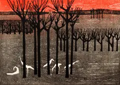 Tamami Shima, Forest, 1960, color woodblock print, 15 x 21 inches, pencil
