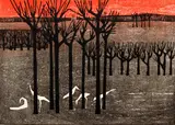 Forest, 1960, color woodblock print, 15 x 21 inches by Tamami Shima, pencil, offered Feb 2021