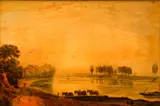 Twilight with Horses Pulling Trawler by Barret Jr. George, watercolor with body color, offered Feb 2021