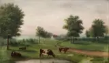 S., Farm Scene with Cows, early 20th or by Goodell, oil and pastel on textured board, offered Feb 2021