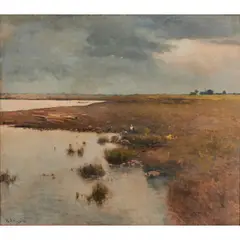 Béla Spányi, Landscape of a Farm and River Water, oil on canvas, [approximate dimensions -