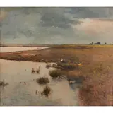 Béla Spányi, Landscape of a Farm and River Water, oil on canvas, [approximate dimensions -