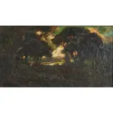William Keith, Trees at Dusk, oil on canvas, [approximate dimensions - canvas: 10 1/2" H x 19" W]