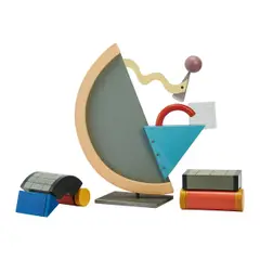 three postmodern objects d'art in the style by Memphis Design, (i) Geometric Abstract Sculpture by Michael Graham, 1986, mixed media includes wood, metal and glass, and, offered Jan 2026