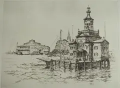 Anton Schütz, - ''The Barge Office''-, etching, 1926