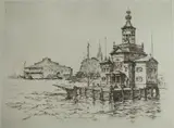 Anton Schütz, - ''The Barge Office''-, etching, 1926