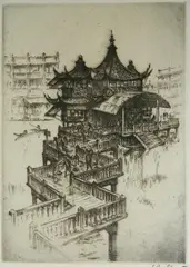 Anton Schütz, - ''Tea House in Shanghai''-, etching, ca. 1928