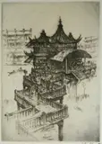 Anton Schütz, - ''Tea House in Shanghai''-, etching, ca. 1928