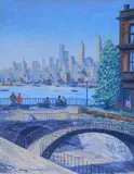 Harry Shokler, - Manhattan Skyline From Brooklyn-, silkscreen in colors, 1947