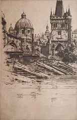 Jan C. Vondrouš, - Old Town Bridge-, etching, 1914-17