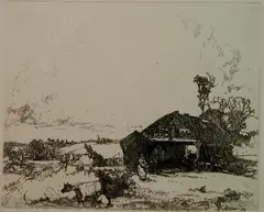 John W. Winkler, - ''On The Farm''-, etching, 1924