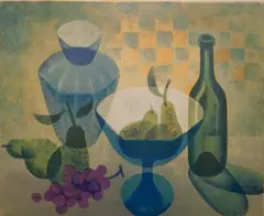 Louis Toffoli, - Still-Life with Bottle, Vase and Fruit-, lithograph in colors