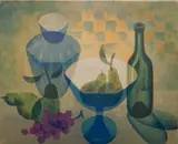 Louis Toffoli, - Still-Life with Bottle, Vase and Fruit-, lithograph in colors