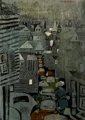 - Commercial Street- by John Ross, woodcut in colors, 1963, offered Dec 2015