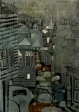 John Ross, - Commercial Street-, woodcut in colors, 1963