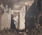 Frank Brangwyn, - ''Church of St. Nicholas, Dixmuden'' (Gaunt 117)-, etching, 1908, paper age toned, some staining in margin