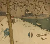 Tavik F Simon, - ''Quai de la Tournelle, Notre Dame Under Snow'' (Baker 48)- color softground and