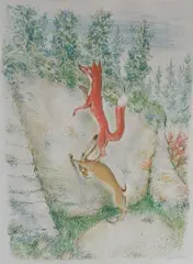 A. Paul Weber, - Fox and Hare-, lithograph in colors, 1955