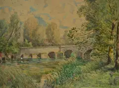 Henry Allis, - Landscape with Bridge and Figure in Boat Fishing-, watercolor on paper, 1900