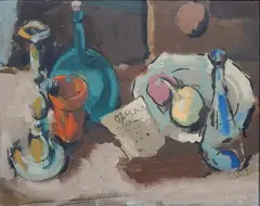 Leonard Maurer, - Still-Life Opera Page with Glass Decanter-, oil on canvas, 1947