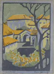 Pedro Joseph de Lemos, - ''Stanford Roofs''-, woodcut in colors, ca. 1920