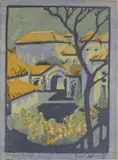 Pedro Joseph de Lemos, - ''Stanford Roofs''-, woodcut in colors, ca. 1920