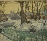 Nicholas Hornyansky, - ''Woodland Village''-, etching and aquatint in colors, 1935