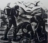Clare Leighton, - ''Clam Diggers''- wood, engraving, 1946