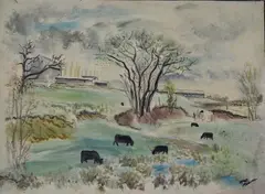 Wray Manning, - Landscape with Cows-, watercolor