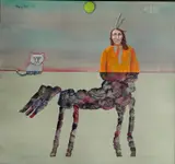 Mary Spain, - ''Indian Riding A Horse with Mad Cat''-, oil on canvas, 1973