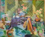 Joseph O'Sickey, - ''Garden Variations Table, Trelis''-, oil on canvas, 1979