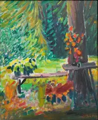Joseph O'Sickey, - ''Bench, Table, Flowers''-, oil on canvas