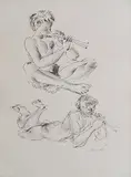 Hans Erni, - Two Flute Players-, graphite on paper