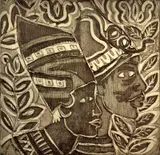 Margaret T. Burroughs, - ''Pharoah & Queen''-, etching, 1986