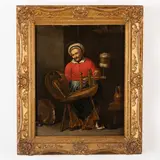 Abraham de Pape, Vecchia all'arcolaio e gatto, oil on panel