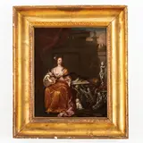 Constantijn Netscher, Dama che suona in un giardino, oil on canvas