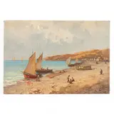 Lorenzo Gignous, Modena, 1862 ; Porto Ceresio, 1958 / Marina con barche e pescatori / Firmato L Gignous in basso a sinistra