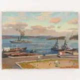 Tokarevo, 1928 - 2017 / La sosta nel porto militare / Firmato Solodovnikov e datato 87 in basso a destra by Olexiy Pavlovich Solodovnikov, oil on canvas, offered Jul 2023