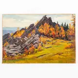 Vasiliy Yakovlevich Laptev, Chelyabinsk, 1918 - 1995 / Le rocce nere del Tanganai / Firmato V Laptev e datato 1959 in basso a destra, oil on cardboard