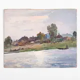 Kalavtsi, 1890 - 1984 / Veduta di villaggio dal fiume / Firmato F Konovalyuk in basso destra by Fedir Zotikovich Konovalyuk, oil on cardboard, offered Jul 2023