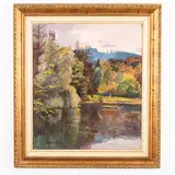 Kobyletska Poliana, 1891 - Uzhgorod, 1975 / Paesaggio fluviale / Firmato Bokshay e datato 967 in basso a sinistra by Joseph Josephovich Bokshay, oil on canvas, offered Jul 2023