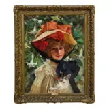 Carlos Vázquez Úbeda, Femme au chapeau / Signé Cárlos Vazquez en bas à gauche, Huile sur toile marouflée sur panneau