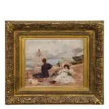 Francisco Miralles Galup, Une femme qui peint sur la plage / Signé F. Miralles en bas à droite, Huile sur panneau