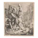 The Stoning of Saint Stephen (Bartsch, Hollstein 97, Hind 125, New Hollstein 140) by Rembrandt Harmensz van Rijn, 1635, Etching on laid paper, New Hollstein's first state (of 4), before the extended diagonal lines in the upper left plate, sold Oct 2025